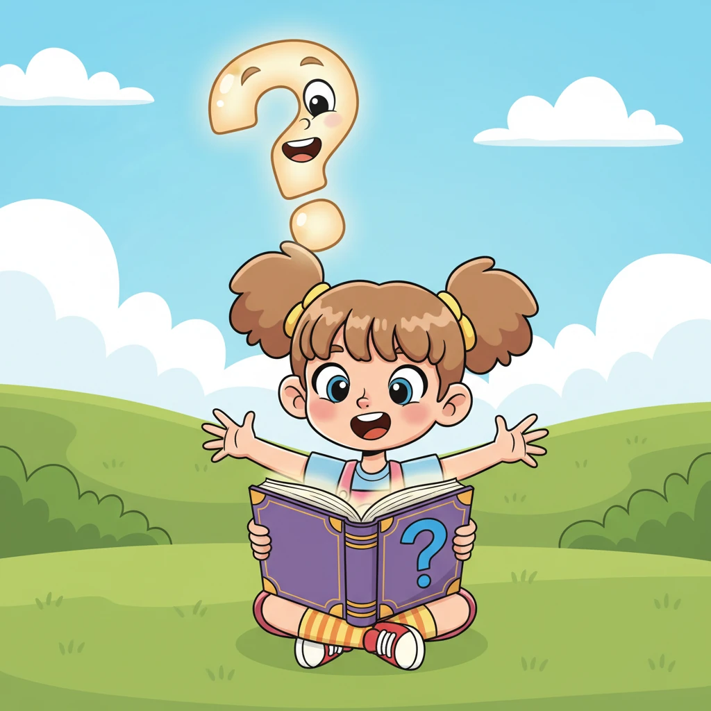 With a gasp of delight, Pip opened the book, and a giant, friendly question mark floated right out! It playfully bounced around Pip's head, then settled on a page with the big, bold question: "Why is the sky blue?"