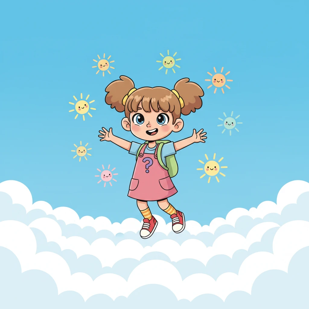 Immediately, Pip's imagination soared! They pictured themselves floating high above the fluffy clouds, tiny hands reaching out to touch the vast, cheerful blue sky. Little smiling sunbeams danced around them, explaining the colors.