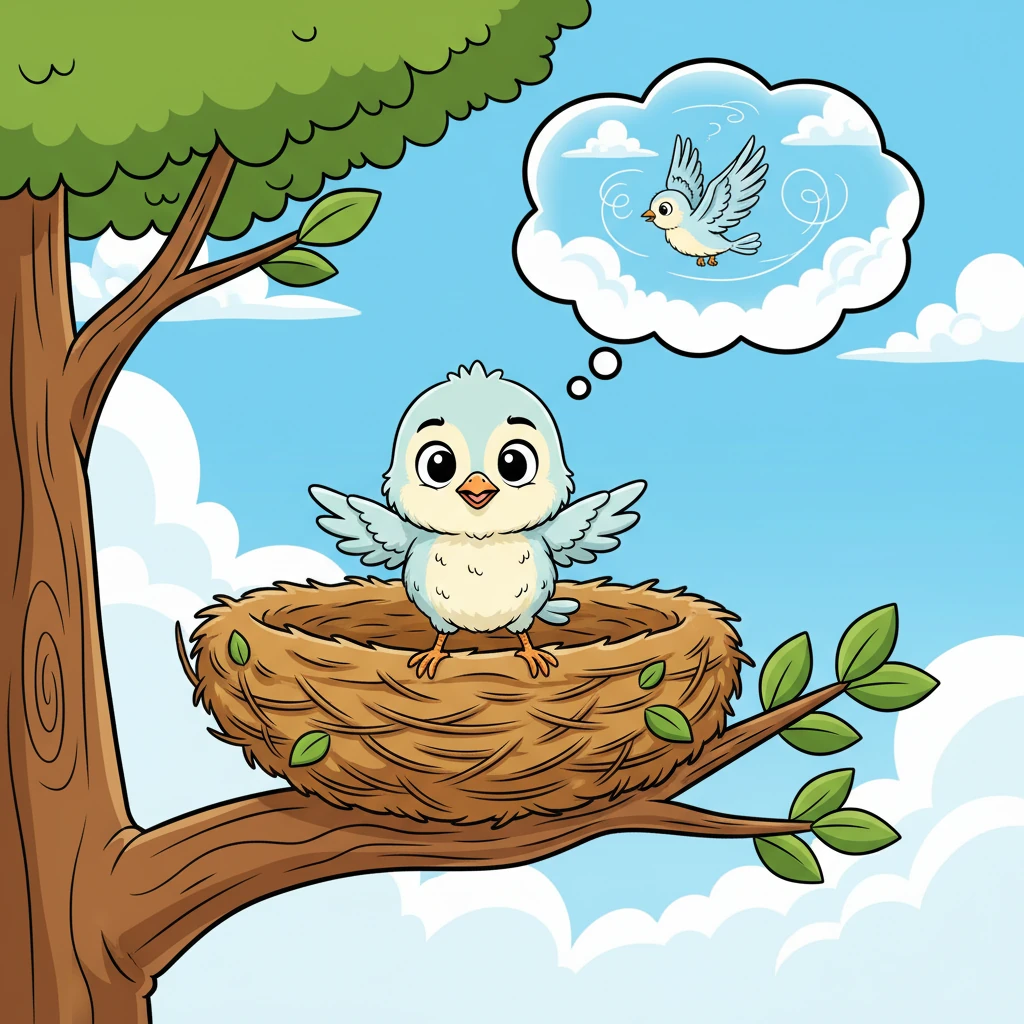 The book then showed a tiny, fluffy baby bird, teetering precariously in a cozy nest high up in a tree. A thoughtful bubble popped up, asking, "How do birds learn to fly so high and free?"