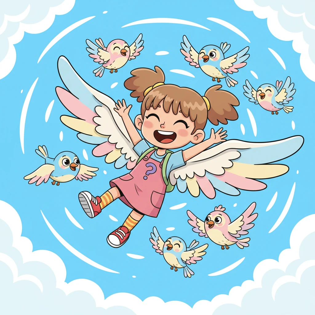 Pip giggled, imagining themselves with enormous, wobbly, cartoon wings, flapping with all their might! They tumbled and soared through the air, learning to fly alongside a flock of equally silly, smiling birds.