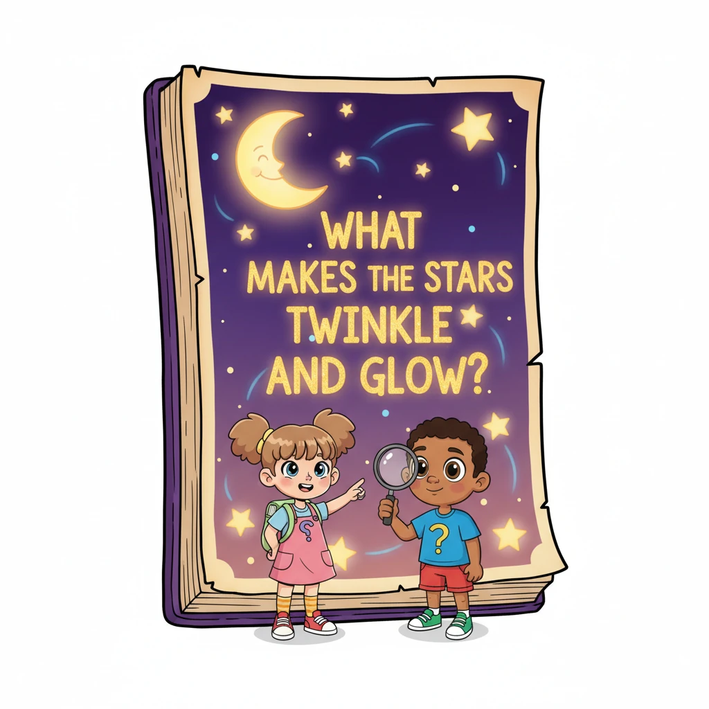 As dusk settled in the book, a magical page lit up with a twinkling moon and countless sparkling stars. The final grand question appeared, shimmering softly: "What makes the stars twinkle and glow?"