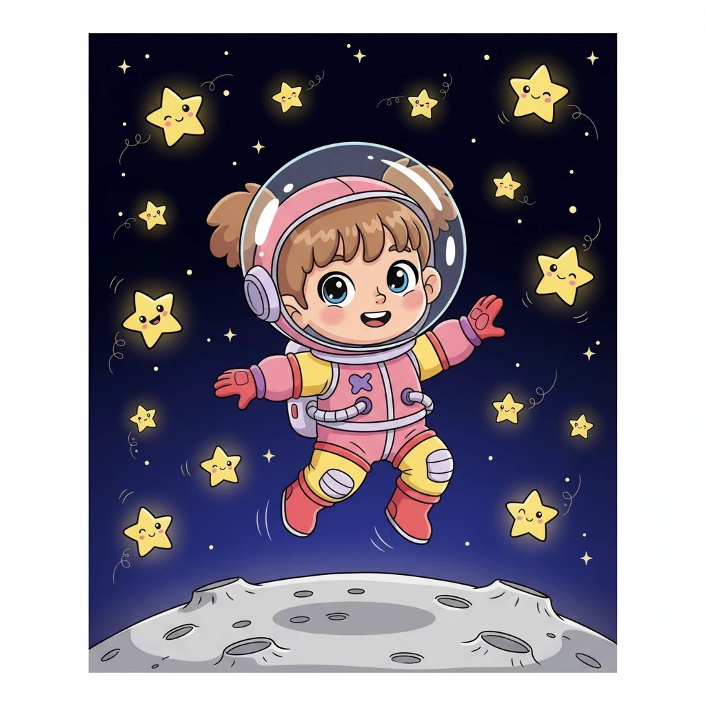 Pip transformed into a brave, tiny astronaut, bouncing joyfully on the moon's surface, surrounded by a universe of winking stars. Each star seemed to whisper its own secret, tiny light.