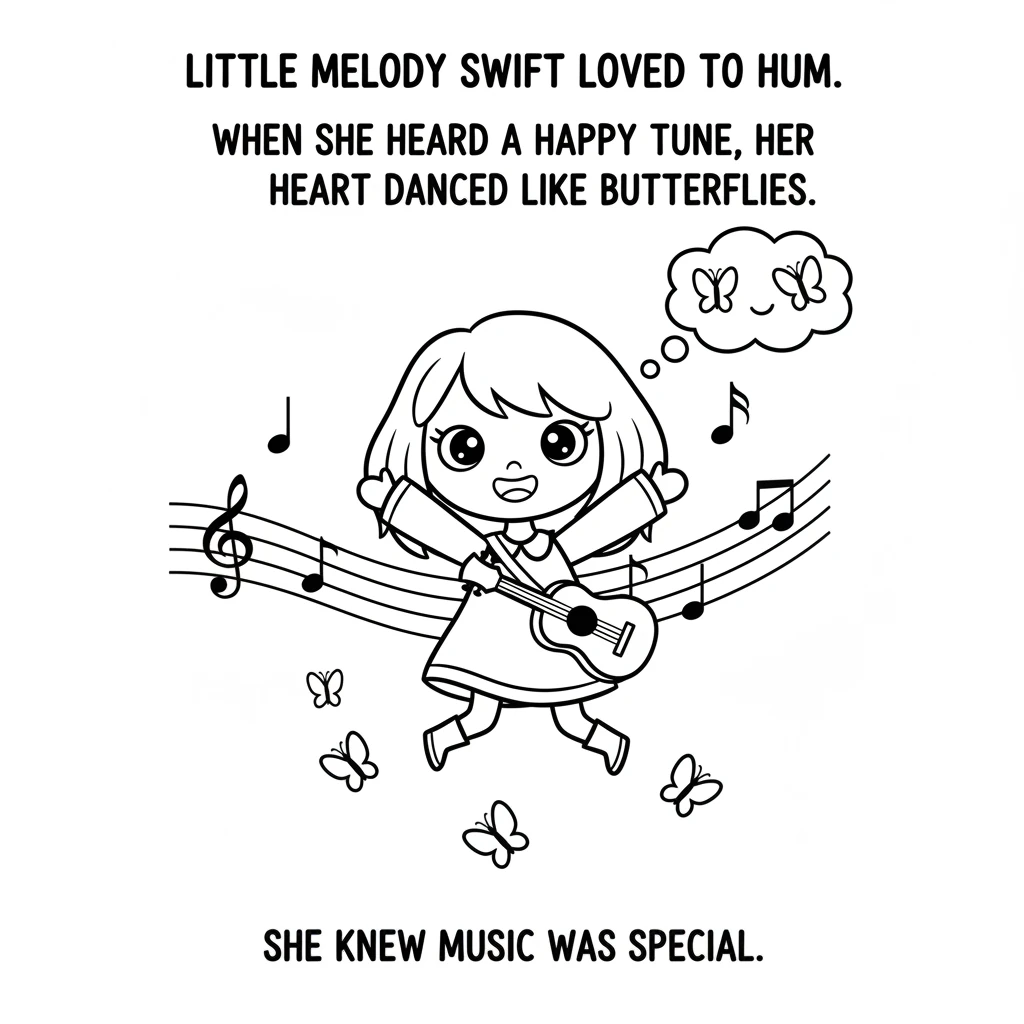 Little Melody Swift loved to hum. When she heard a happy tune, her heart danced like butterflies. She knew music was special.