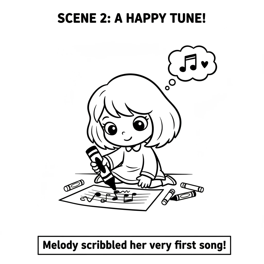 One sunny morning, Melody had a wonderful idea! She picked up her crayons and scribbled her very first song onto a piece of paper. It was a happy, bou