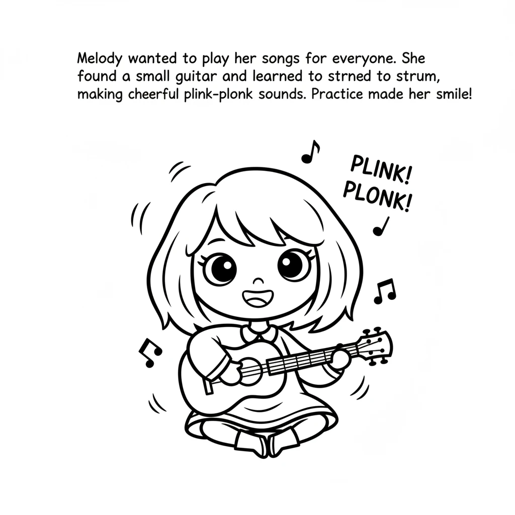 Melody wanted to play her songs for everyone. She found a small guitar and learned to strum, making cheerful plink-plonk sounds. Practice made her smi