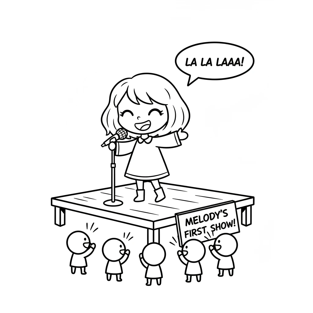Soon, Melody was brave enough to sing on a tiny stage. She stood tall and sang her heart out, and the small audience clapped loudly. It felt amazing!