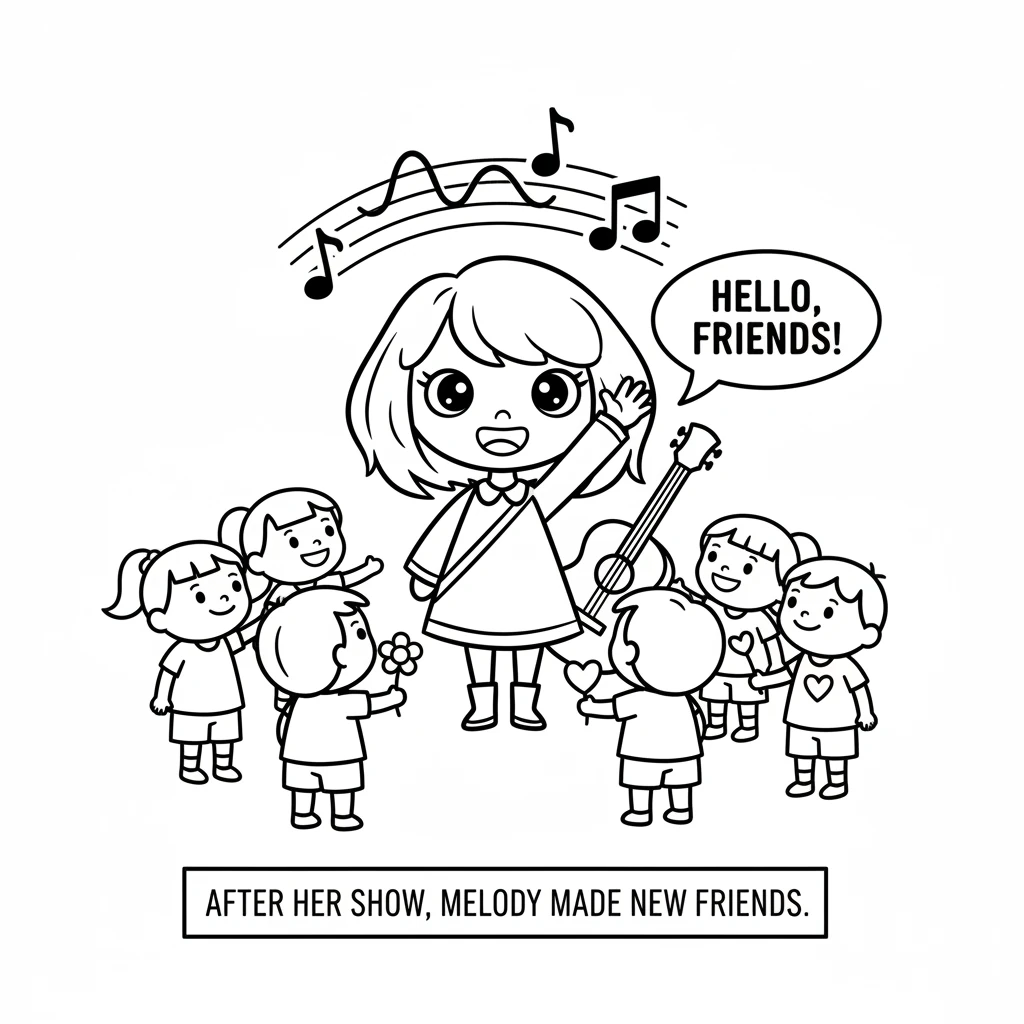 After her show, children came up to say hello. Melody waved and smiled, making new friends who loved her music. Music brought everyone together.