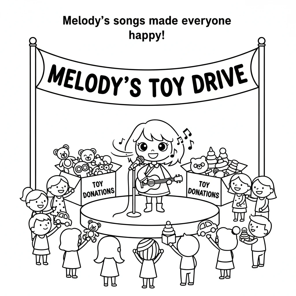 Melody used her music to help others. She sang at a special event to raise toys for children who needed them. Her songs made everyone feel warm and ha