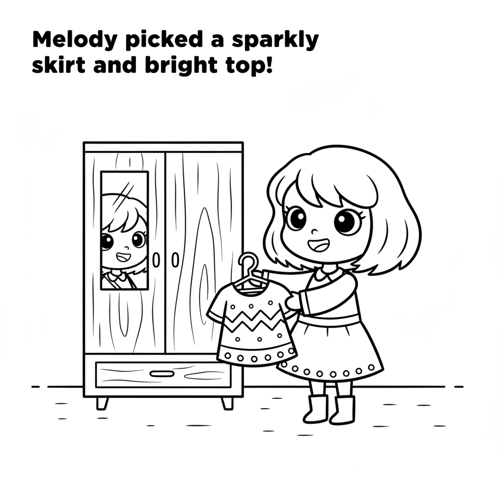 Melody also loved to express herself with colorful clothes. She picked a sparkly skirt and a bright top for her next performance. Each outfit was as u