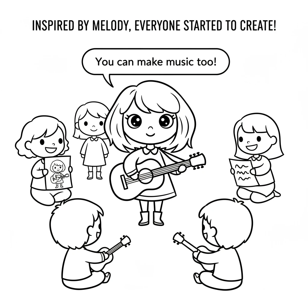 Other children started to play music too, inspired by Melody. They drew pictures of her and tried to write their own little songs. Melody showed them