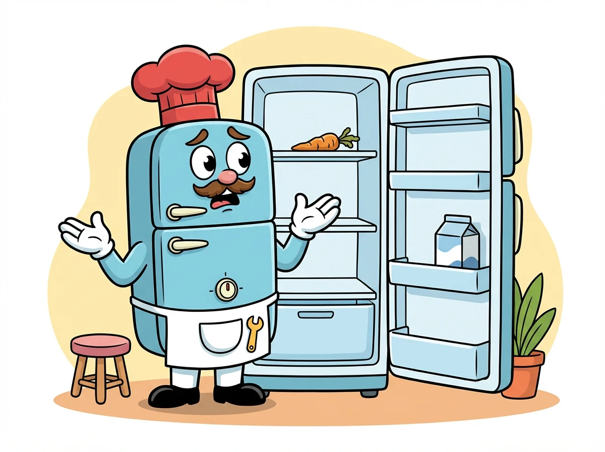 Fridgeman Fred stand vor seinem Kühlschrank. Er war leerer als er dachte und Fred hatte keine Ahnung, was er kochen sollte.