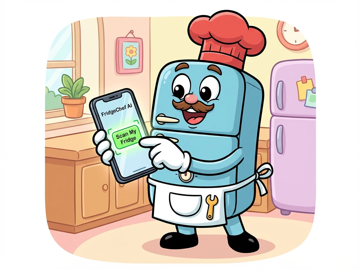 Plötzlich hatte Fred eine Idee! Er holte sein Smartphone und öffnete die FridgeChef AI App. Auf dem Home Screen leuchtete der 'Scan My Fridge' Button.