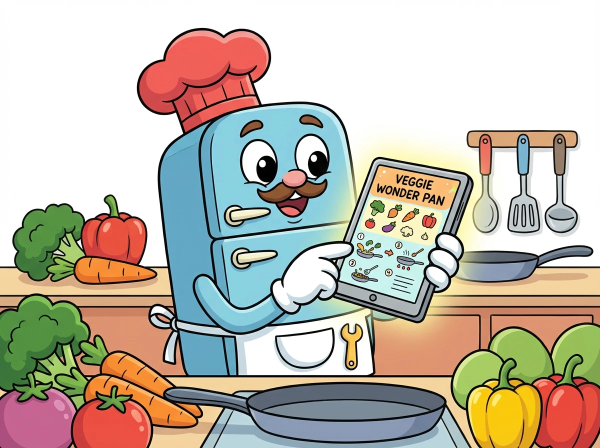 Fred war begeistert! Er wählte ein Rezept mit dem Namen 'Gemüse-Wunder-Pfanne' aus. Die App zeigte ihm eine detaillierte Schritt-für-Schritt Anleitung.