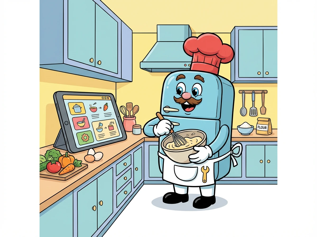 Fred schnappte sich die Zutaten aus dem Kühlschrank und begann mit dem Kochen. Die App half ihm dabei, alles richtig zu machen.