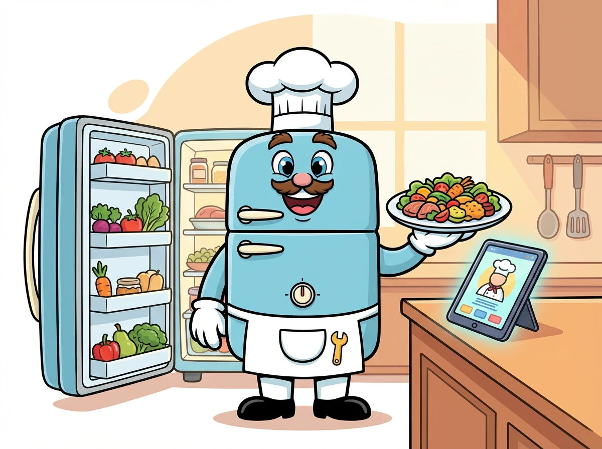 Fridgeman Fred war glücklich. Dank der FridgeChef AI App hatte er ein köstliches Essen gezaubert und seinen Kühlschrank auf eine ganz neue Art und Weise entdeckt.