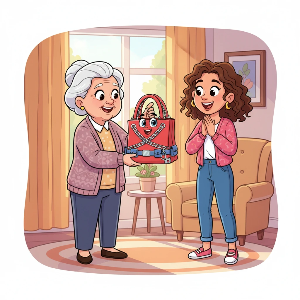 One sunny afternoon, a kind old lady purchased Ruby, her eyes twinkling with warmth. Soon after, Ruby was presented as a special gift to the lady's vibrant daughter, a young woman of twenty. The daughter gasped with delight, instantly falling in love with her new, stylish companion.