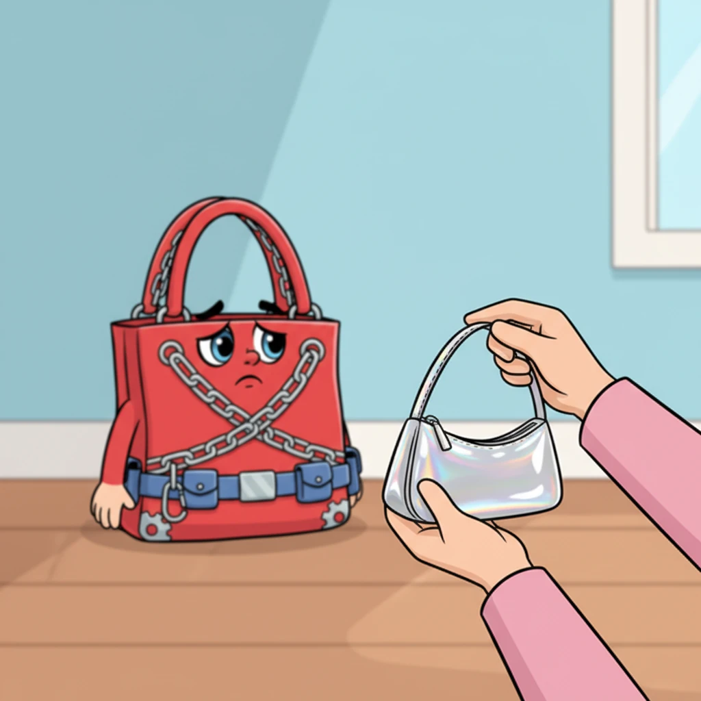 Then, a new fashion trend swept through the land: tiny, sleek baguette bags. Suddenly, Ruby's spacious design seemed out of place, overshadowed by the new, smaller styles. Her owner, captivated by the latest craze, brought home a shiny new baguette, and Ruby felt a pang of neglect.
