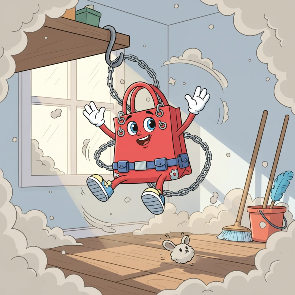 One busy spring cleaning day, as dust swirled around her, Ruby spotted her chance! With a brave wiggle and a determined tug, she slipped free from her hook, tumbling softly to the floor. She couldn't bear another day of gathering dust; it was time for a grand escape!