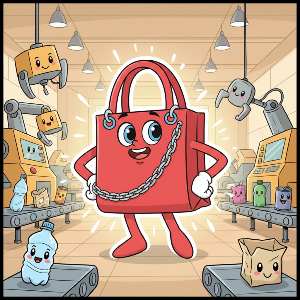 Ruby ventured out and discovered a bustling recycle factory, filled with whirring machines and friendly faces. With a spark of ingenuity, she underwent a magnificent transformation, emerging as a sleek, chic red baguette bag. In her new form, Ruby felt incredibly confident and fashionable once more.