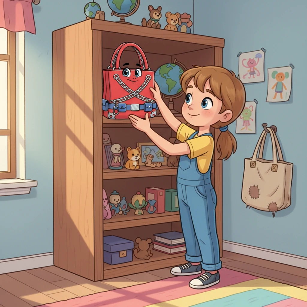 Soon, a sweet girl with bright, curious eyes found the redesigned Ruby at a lively thrift store. The girl loved Ruby's new look but decided to keep her as a beautiful souvenir, placing her carefully on a display shelf at home. Oddly, the girl still preferred her trusty, old, well-worn tote for everyday use.