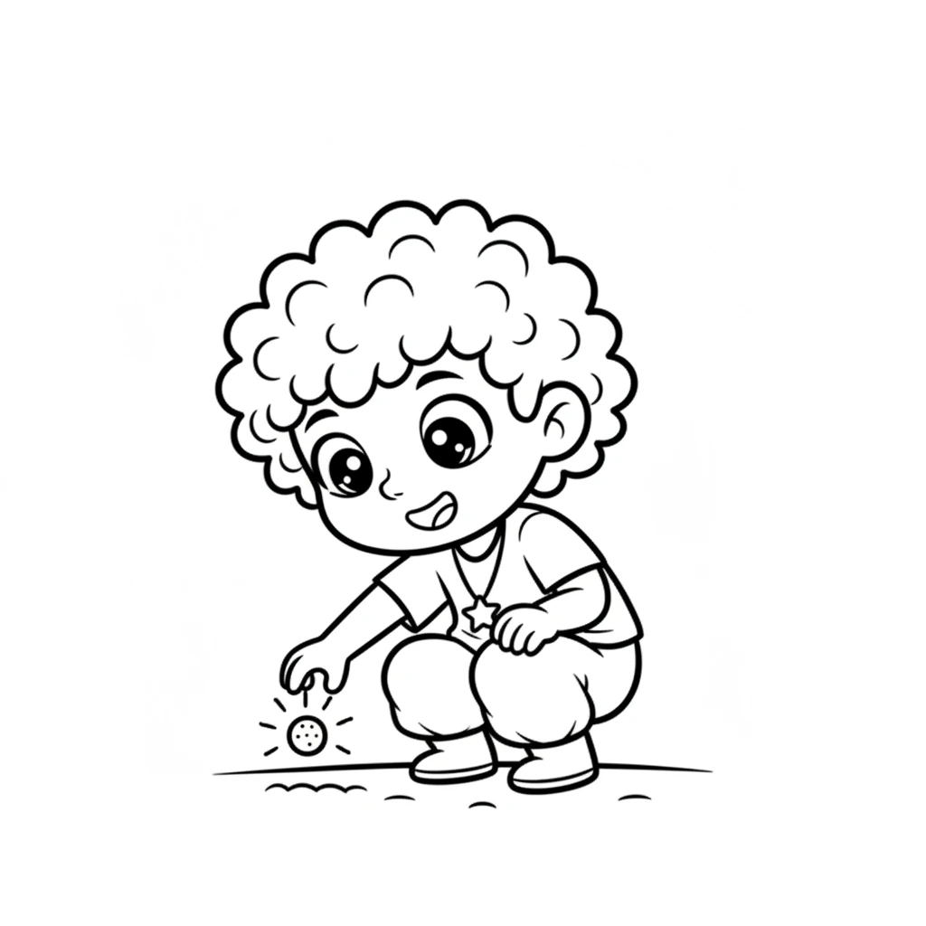 Coco Wyo, a small, happy figure, discovers a tiny, shimmering seed on the ground. It sparkles softly in the sunlight, catching their eye. Coco Wyo carefully picks it up, wondering what it could be.