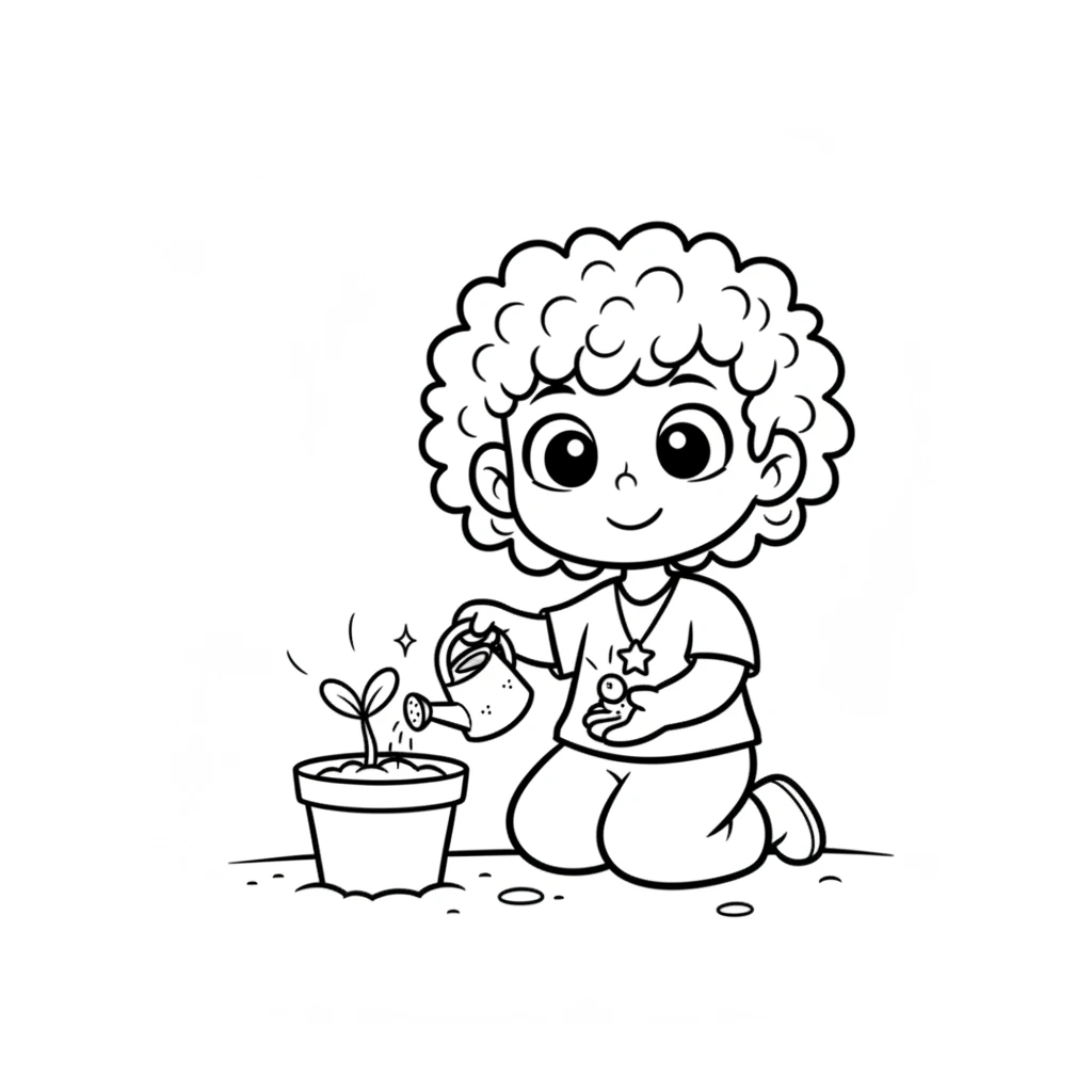 Coco Wyo plants the shimmering seed in a small pot. With a tiny watering can, they give it a gentle drink. The seed begins to sprout immediately, pushing a small green shoot towards the sky.