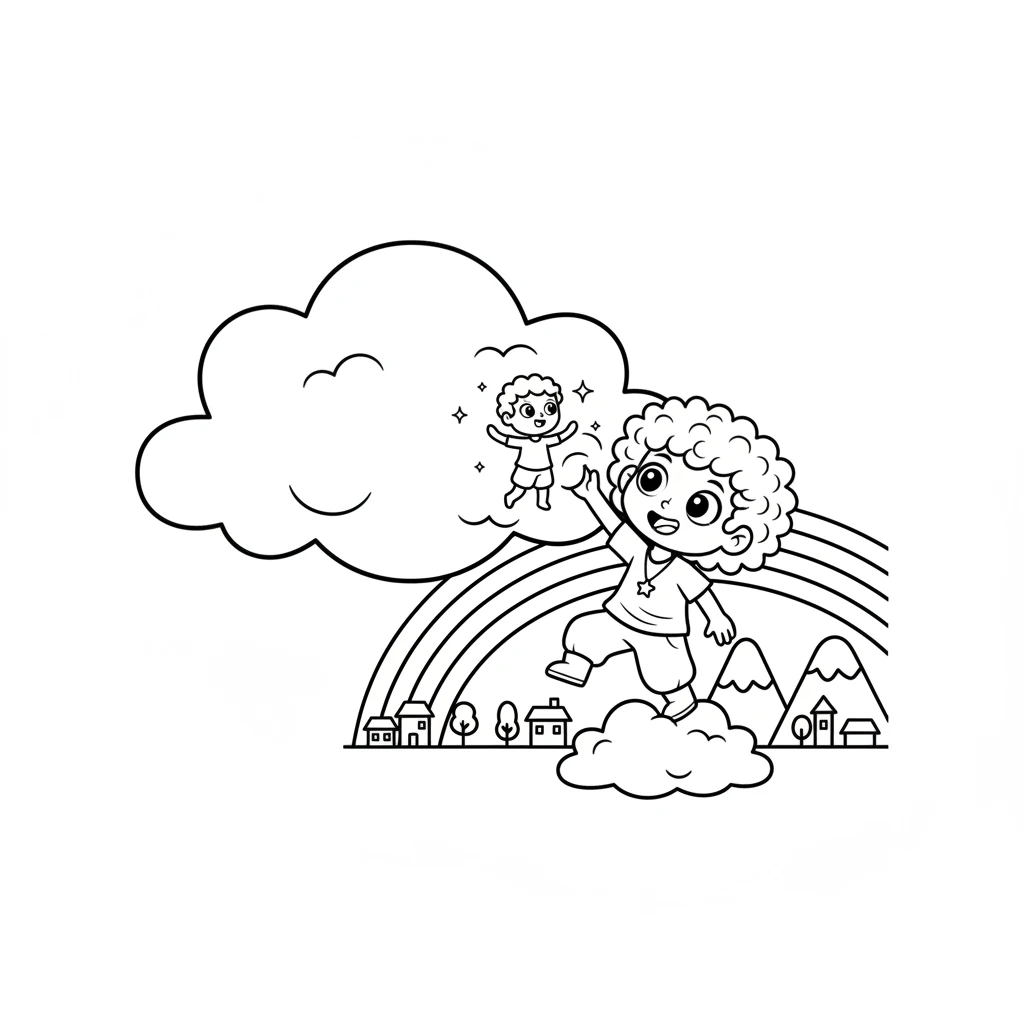 Together, Coco Wyo and the sparkle-sprite climb onto a fluffy white cloud. The cloud gently lifts them into the sky, carrying them across a vibrant rainbow arch. Below, the world looks like a tiny toy.