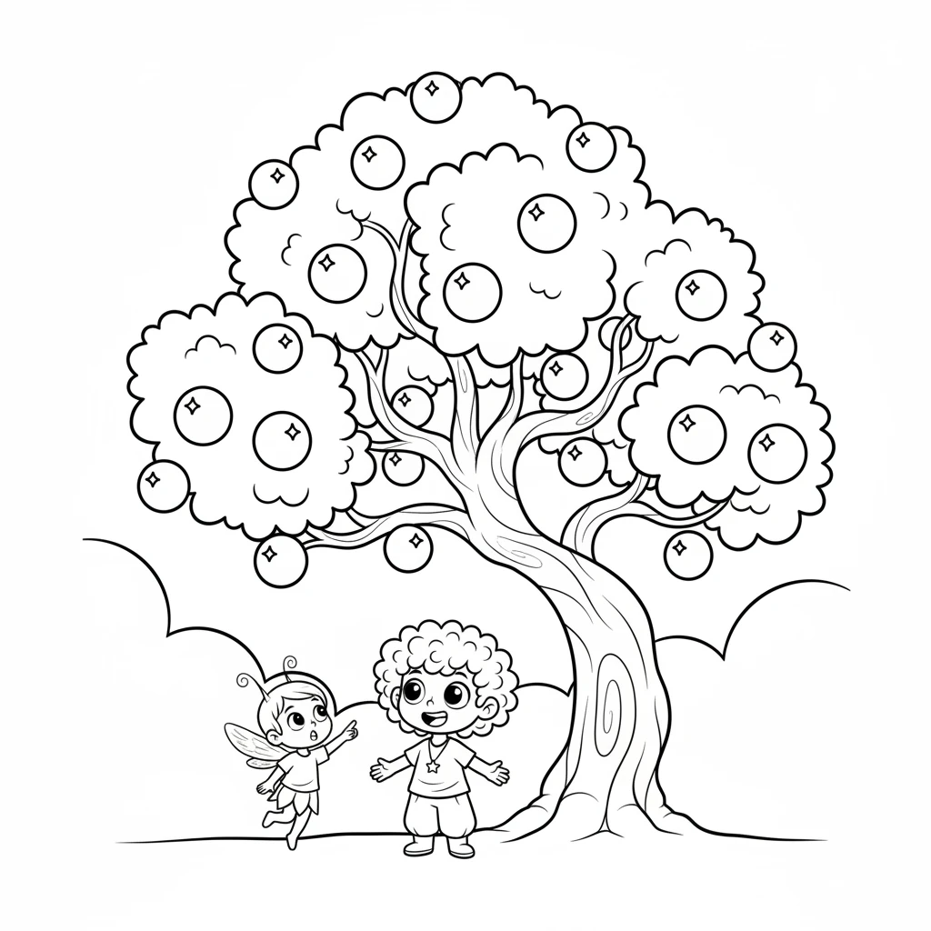 Their cloud journey takes them to a magnificent tree with branches full of glowing, round berries. Each berry shines like a little lamp. Coco Wyo and the sprite marvel at the sparkling fruit.