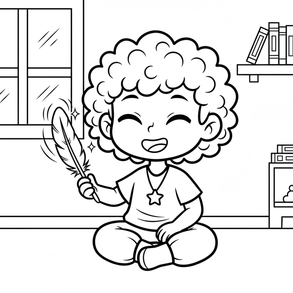Coco Wyo sits happily at home, holding the shimmering feather. They smile, remembering all the magical moments with their new friend, ready for whatever new adventure tomorrow might bring.