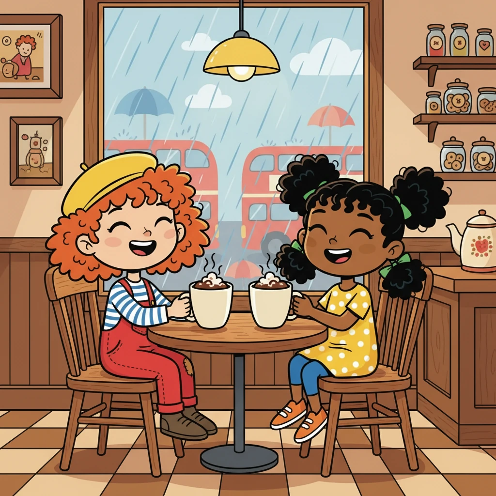 Un jour, une averse soudaine les força à se réfugier dans un café typiquement anglais. Elles partagèrent un chocolat chaud et rirent de bon cœur, profitant de la chaleur réconfortante.
