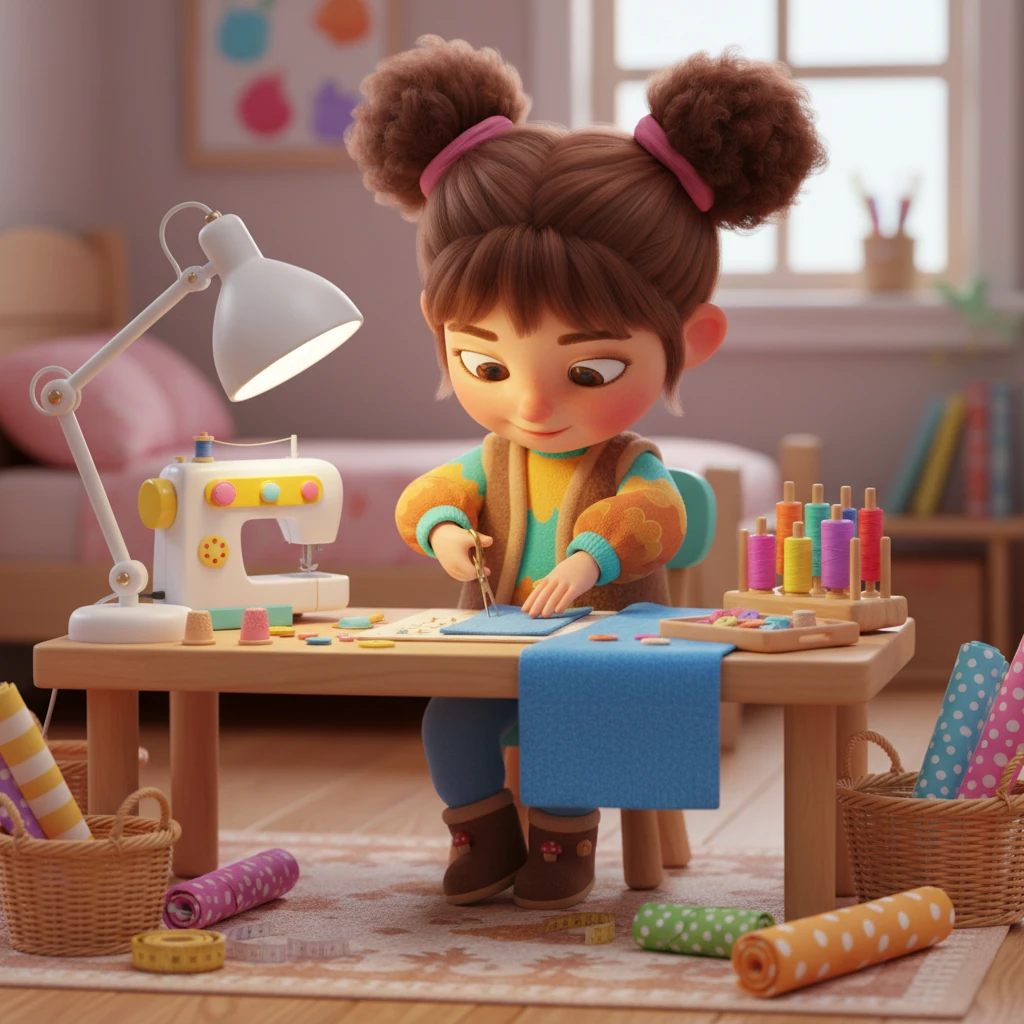 Kamar Lina kini berubah menjadi bengkel kecil yang penuh warna. Ia dikelilingi oleh gulungan kain, benang-benang cerah, dan alat jahit yang tertata rapi. Sebuah lampu meja dengan cahaya hangat menerangi tangannya yang cekatan saat ia mulai memotong pola dan menjahit dengan penuh konsentrasi. Aroma kain baru memenuhi udara.