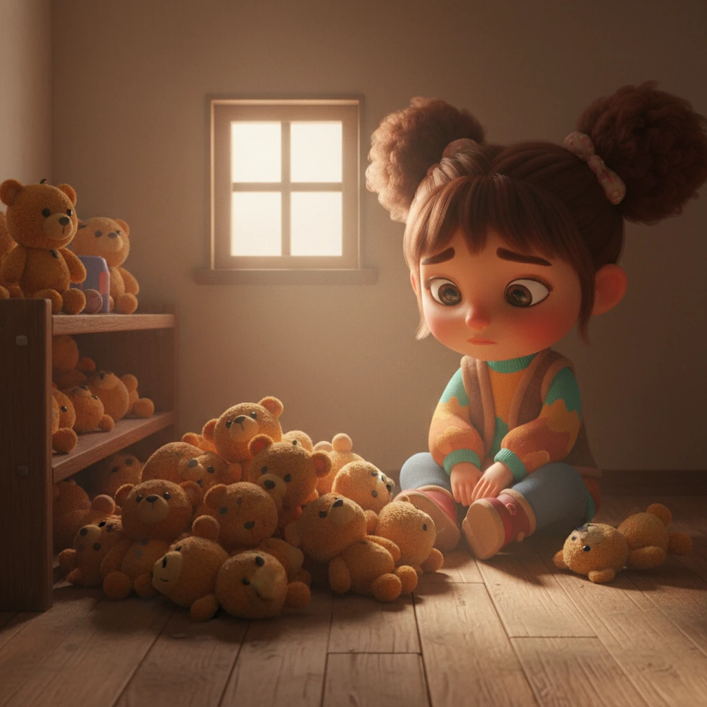 Beberapa minggu kemudian, Lina duduk di depan tumpukan produknya yang belum terjual, ekspresinya sedikit murung. Meskipun produknya dibuat dengan indah, penjualan tidak sesuai harapan. Cahaya redup di ruangan mencerminkan kegelisahan dalam hatinya, dan beberapa produk terlihat sedikit berdebu di rak.