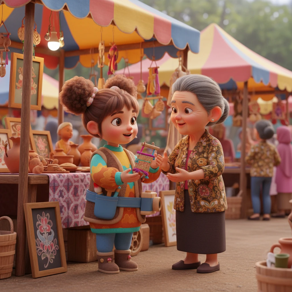 Di pasar seni lokal, Lina bertemu dengan Ibu Sari, seorang pengrajin senior yang terkenal. Ibu Sari, dengan senyum ramah dan kebijaksanaan di matanya, memeriksa salah satu produk Lina. Di bawah tenda pasar yang berwarna-warni, Ibu Sari memberikan nasihat berharga, menyarankan Lina untuk menonjolkan kekayaan budaya lokal dalam desainnya.