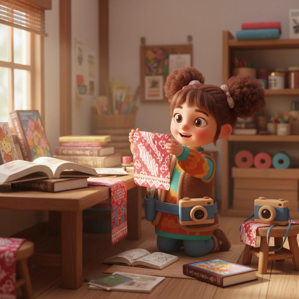 Terinspirasi oleh nasihat Ibu Sari, Lina kembali ke bengkelnya dengan semangat baru. Ia menggali lebih dalam motif tradisional Indonesia, memadukan corak batik Parang dengan sentuhan modern pada desain tasnya. Meja kerjanya kini dipenuhi dengan buku-buku referensi budaya dan contoh-contoh kain tradisional yang kaya warna.