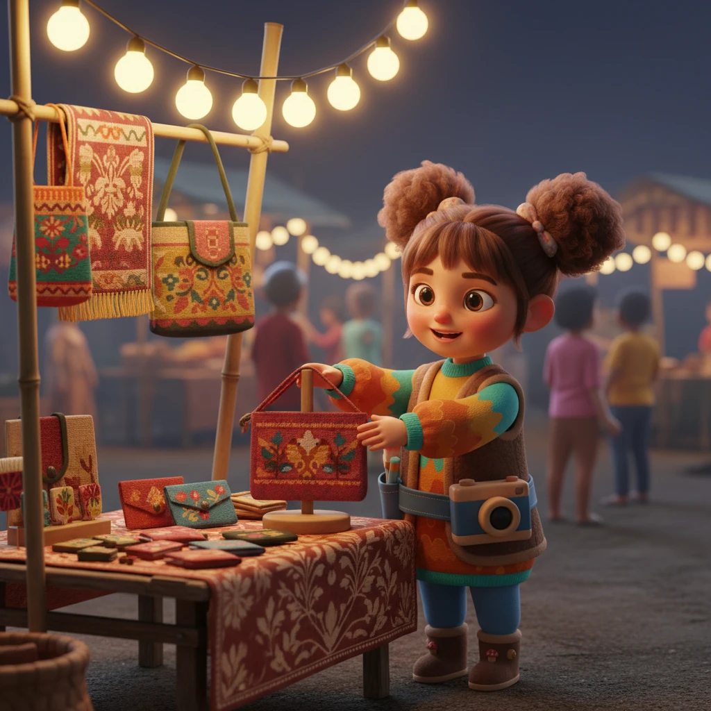 Dengan semangat membara, Lina mendirikan stan kecilnya di pasar malam komunitas yang ramai. Produk-produk barunya, seperti tas etnik dan dompet bermotif flora khas Nusantara, tertata rapi dan menarik perhatian. Lampu-lampu gantung yang hangat menerangi stannya, menciptakan suasana yang mengundang.