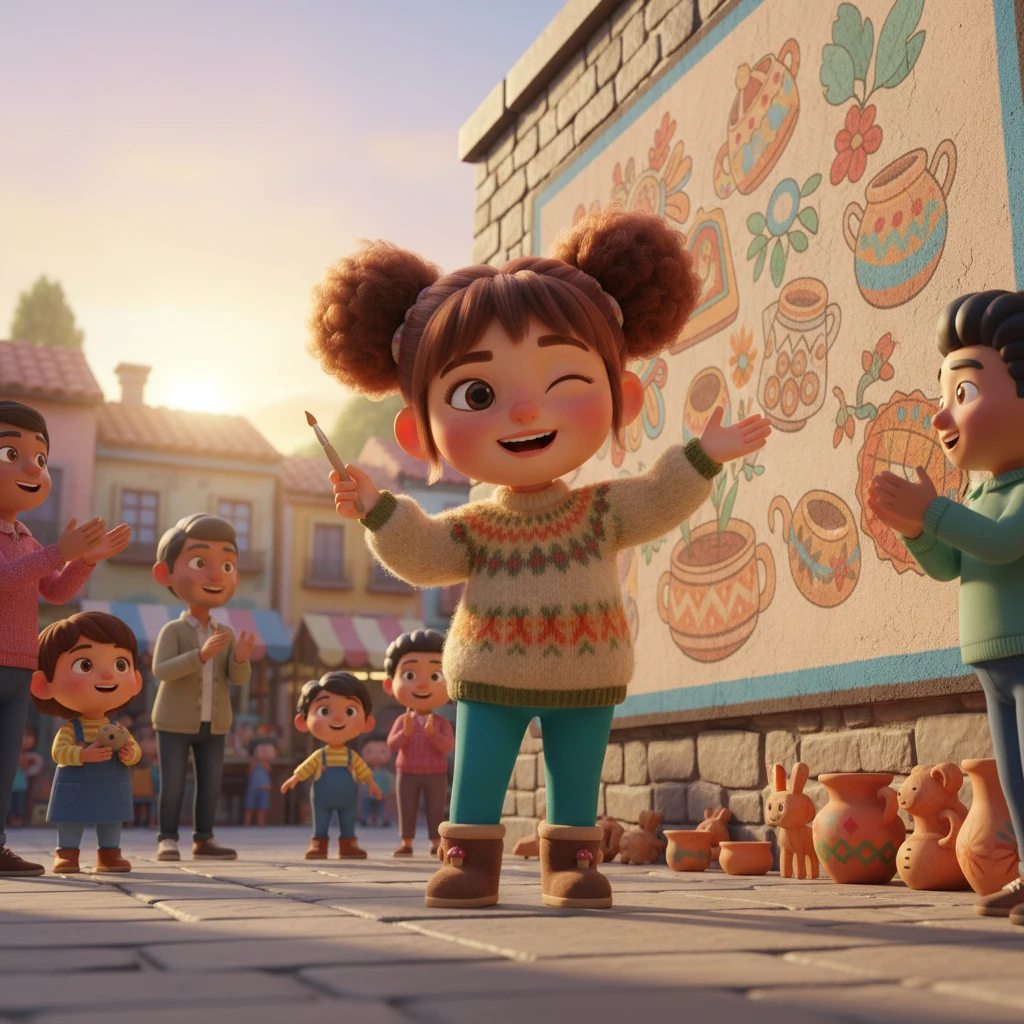 Lina berdiri di depan sebuah mural besar yang menggambarkan motif-motif kerajinan tangannya, dikelilingi oleh anggota komunitas yang bersemangat. UMKM-nya tidak hanya sukses secara finansial, tetapi juga telah menginspirasi banyak orang dan menghidupkan kembali seni lokal. Cahaya terang matahari pagi menyinari wajahnya yang bangga, melambangkan harapan masa depan.