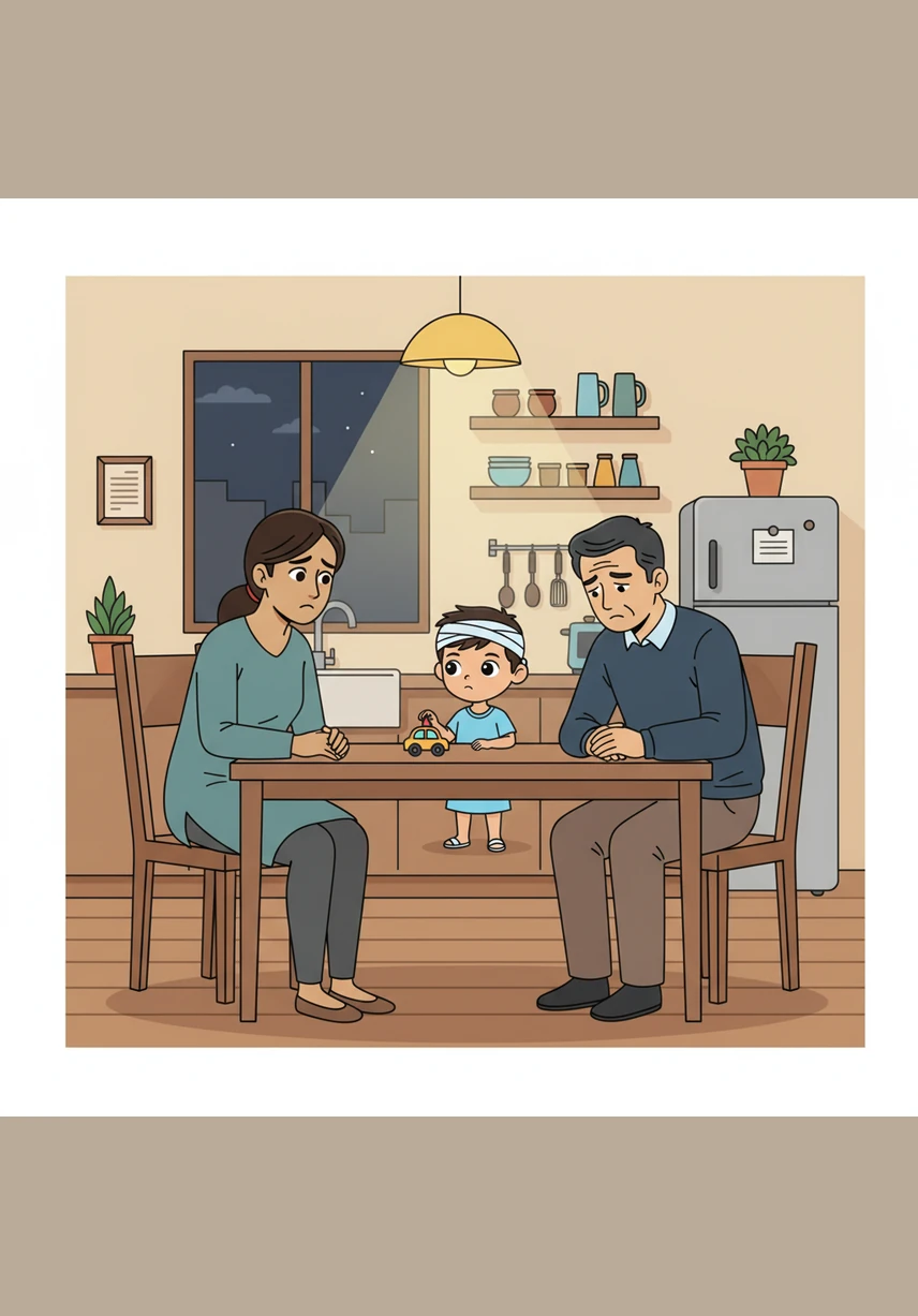 That evening, Sara and Omar sit at the kitchen table with expressions of deep concern. Omar holds Sara's hand and whispers that they must find out why their son lives in silence, and they decide to visit a specialist the very next morning.