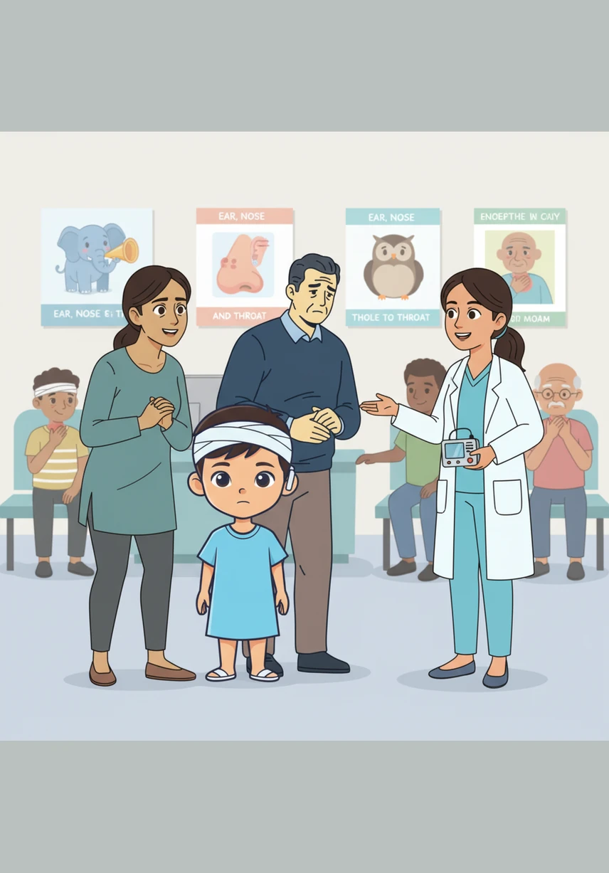 The family arrives at the busy Ear, Nose, and Throat department where the walls are decorated with friendly posters. Dr. Hana greets them warmly, explaining that she will perform several tests to understand the nature of Adam's hearing.
