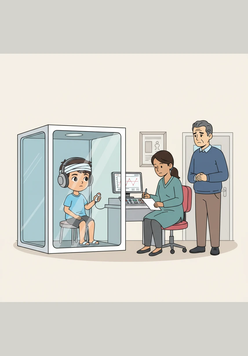 Adam sits bravely inside a small soundproof booth wearing large, padded headphones for his audiogram. He looks through the glass at the doctor, who carefully records his responses to various tones and frequencies to create a map of his hearing.