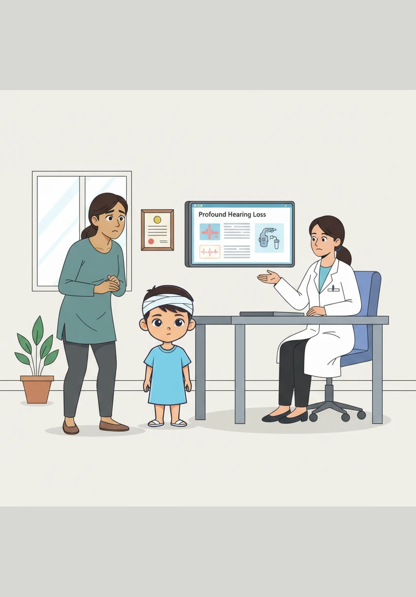 In the quiet office, Dr. Hana shows the parents the test results on her screen. She explains that Adam has profound hearing loss and recommends a cochlear implant, describing it as a wonderful technology that can help him hear their voices.