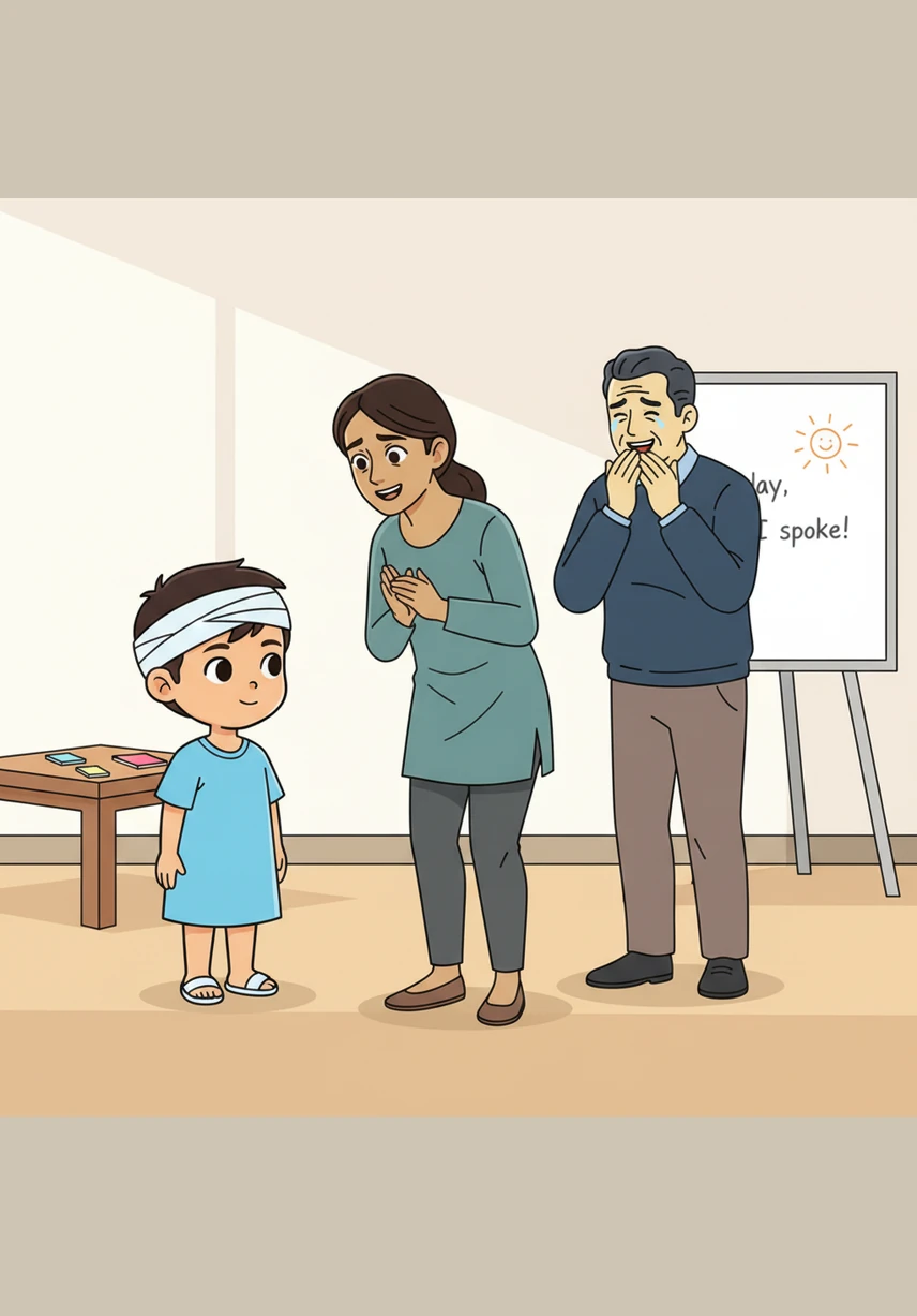 Next, the parents meet Layla, the speech-language pathologist, who prepares a special file for Adam's long-term care. Layla smiles at Adam and tells the parents that communication is a journey they will all take together, starting with these important first steps.