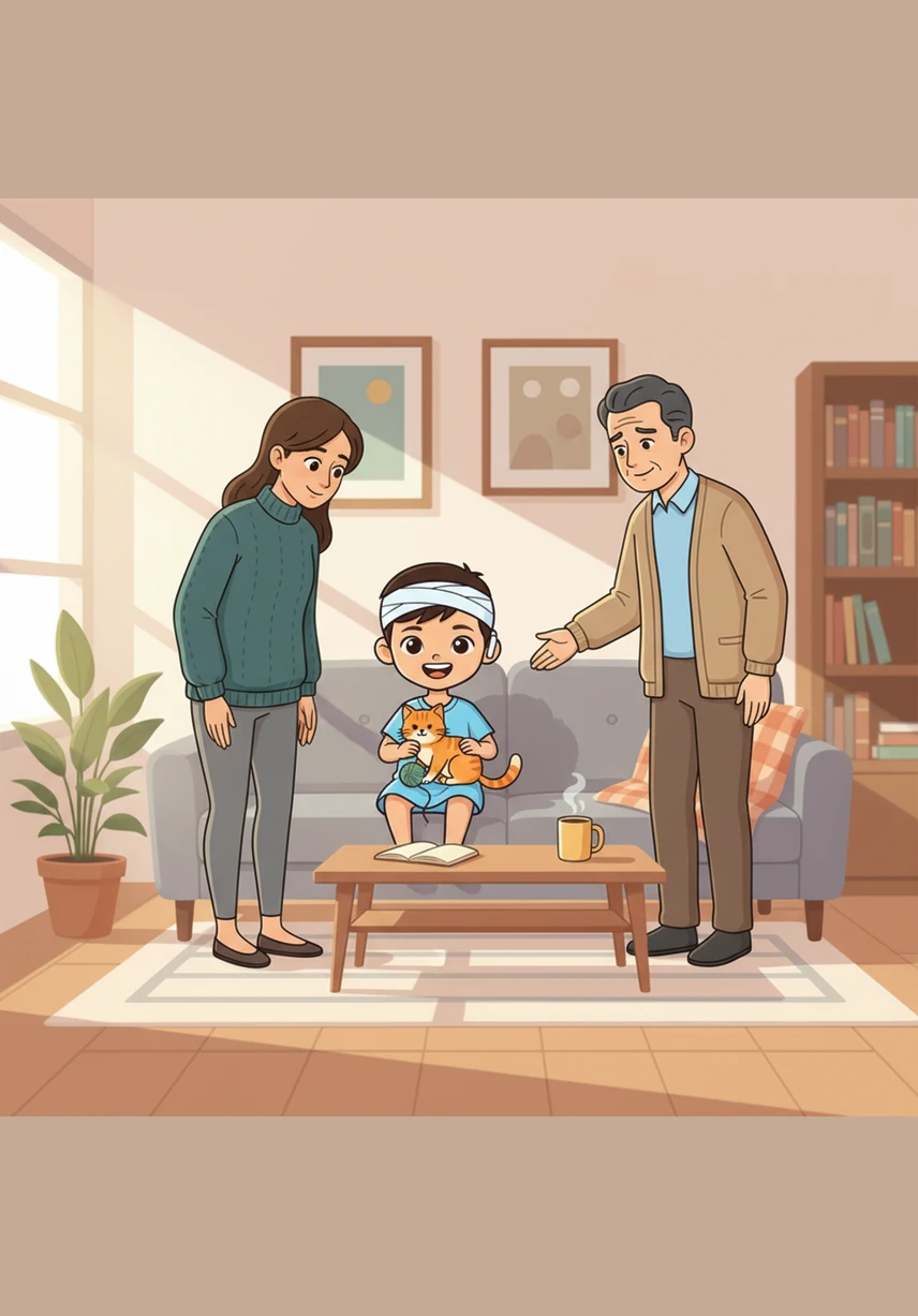 After the successful surgery, Adam wakes up in a cozy hospital room with a soft white bandage around his head. Dr. Hana checks his vitals and gives a reassuring smile to Sara and Omar, telling them that the internal part of the implant is perfectly placed.