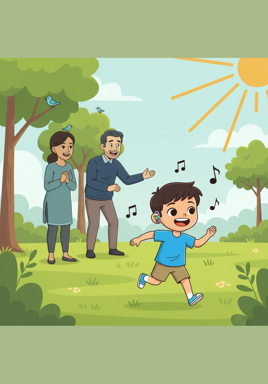 Adam now plays happily in the park, his colorful speech processor visible behind his ear as he listens to the world. He laughs at the sound of chirping birds and runs toward his father’s voice, his life now filled with the beautiful music of everyday sounds.