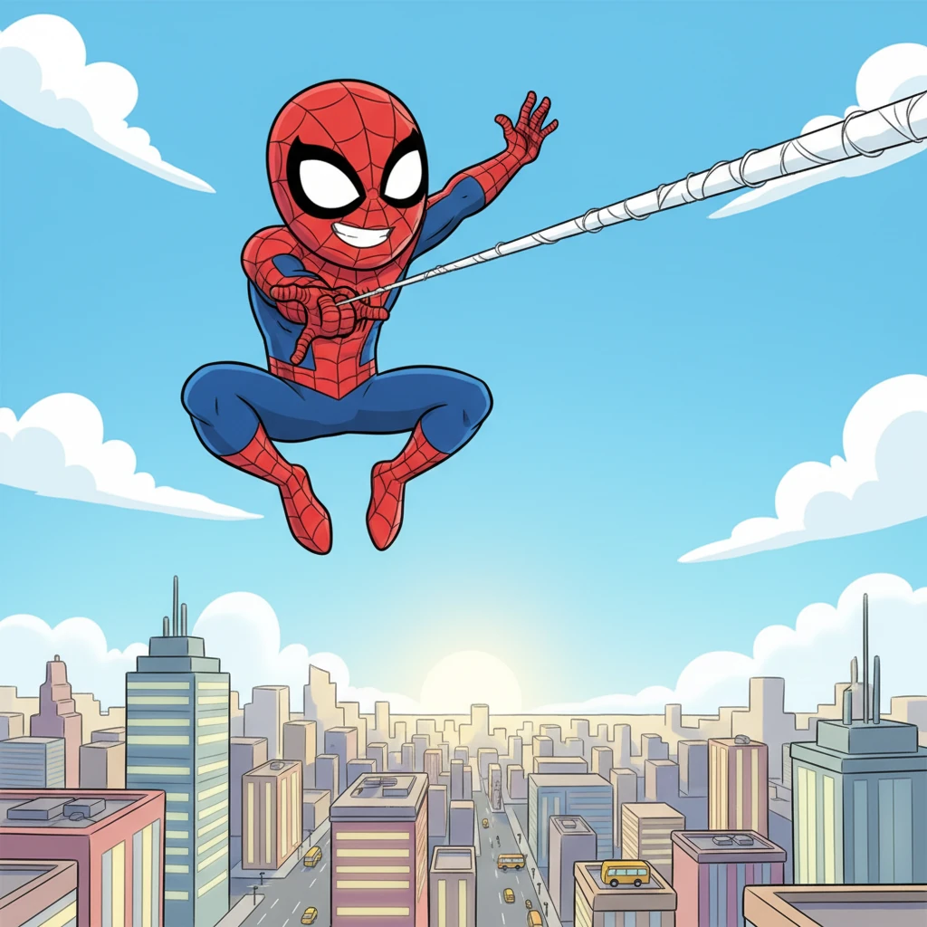 High above the bustling city, a familiar hero, Peter Parker, swung with unparalleled grace. His iconic red and blue suit blurred against the skyscrapers, a symbol of justice and fun. He was blissfully unaware of the bizarre fate awaiting him, a mischievous grin plastered beneath his mask.