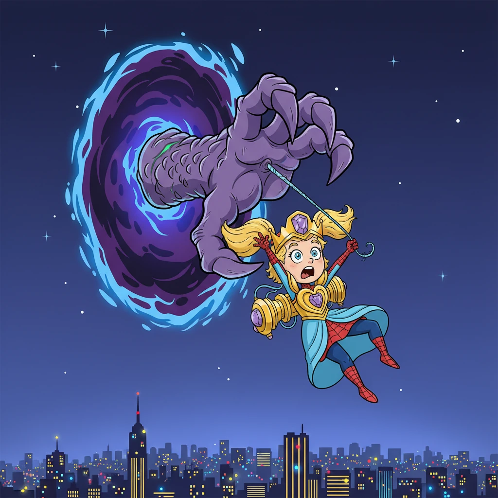 Suddenly, a massive, grotesque claw burst from a hidden portal, snatching the web-slinger mid-swing! Peter yelped in surprise, his dynamic pose twisting into one of comical alarm. The city lights twinkled innocently below, oblivious to the strange abduction.