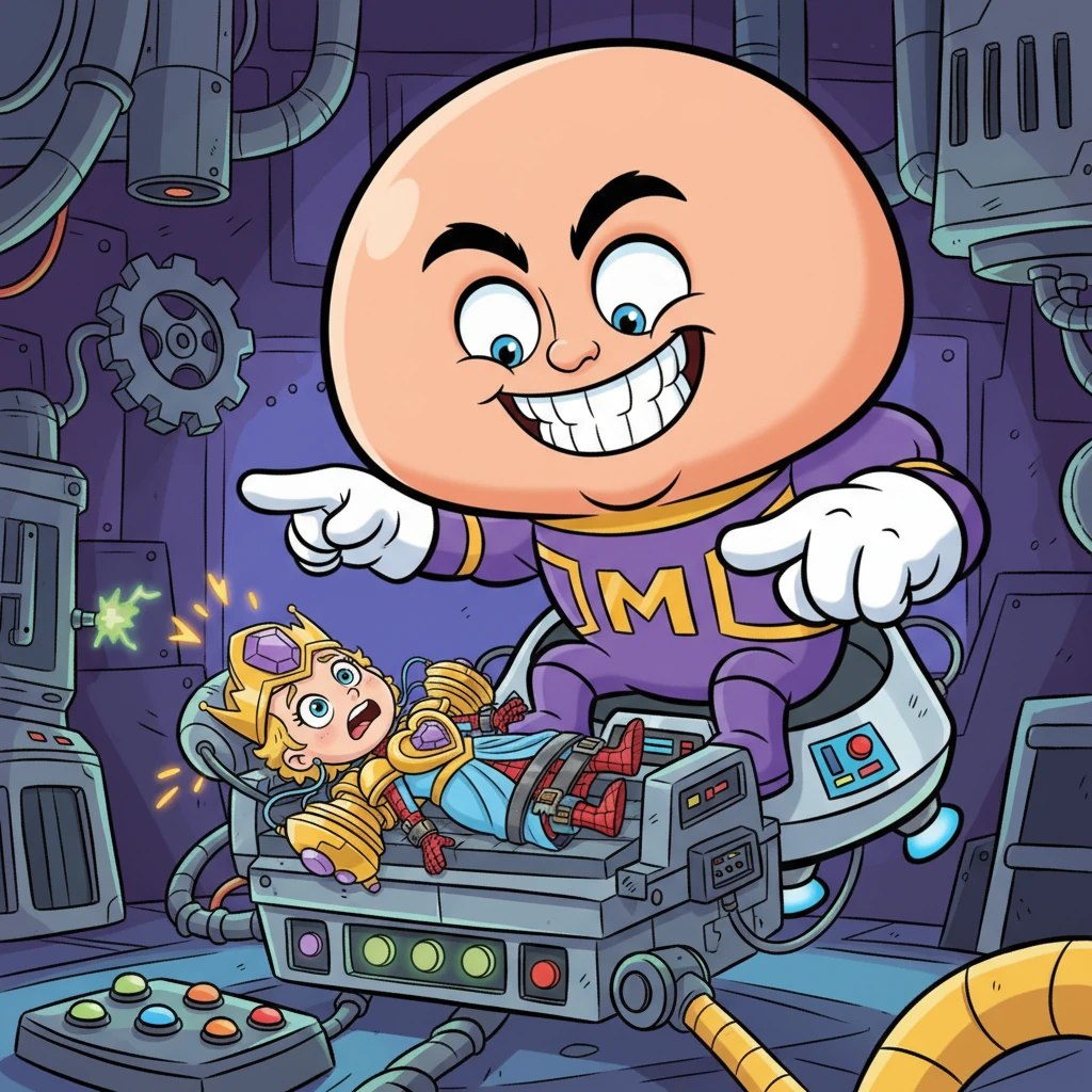 Peter awoke with a jolt, finding himself strapped to a whirring, glowing machine in a bizarre, futuristic lair. Towering over him was the Mental Organism Designed Only for Killing, MODOK, his enormous head practically filling the room. MODOK cackled maniacally, explaining his dastardly plan for a new 'companion'.