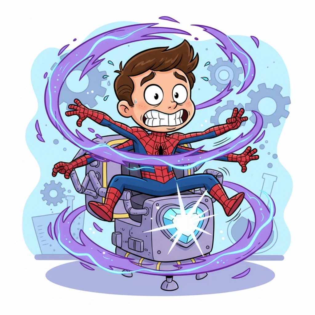 Energy crackled and pulsed around Peter as the transformation began. His body stretched and swirled in exaggerated, cartoonish discomfort, his face contorting in a comical mix of pain and utter confusion. The machine hummed louder, its lights flashing with every shocking change.