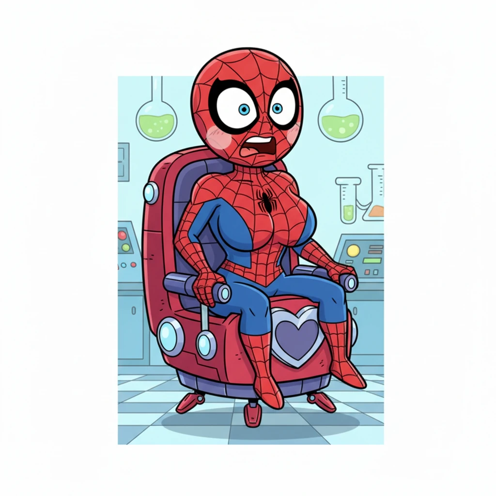 The transformation was complete, revealing Petra Parker in a sleek, spider-themed costume, seated in a matching hoverchair. Her eyes, wide with horror, stared down at her new, exaggerated form. Her once lean frame was now curvy, with surprisingly large breasts, a stark contrast to her former self.