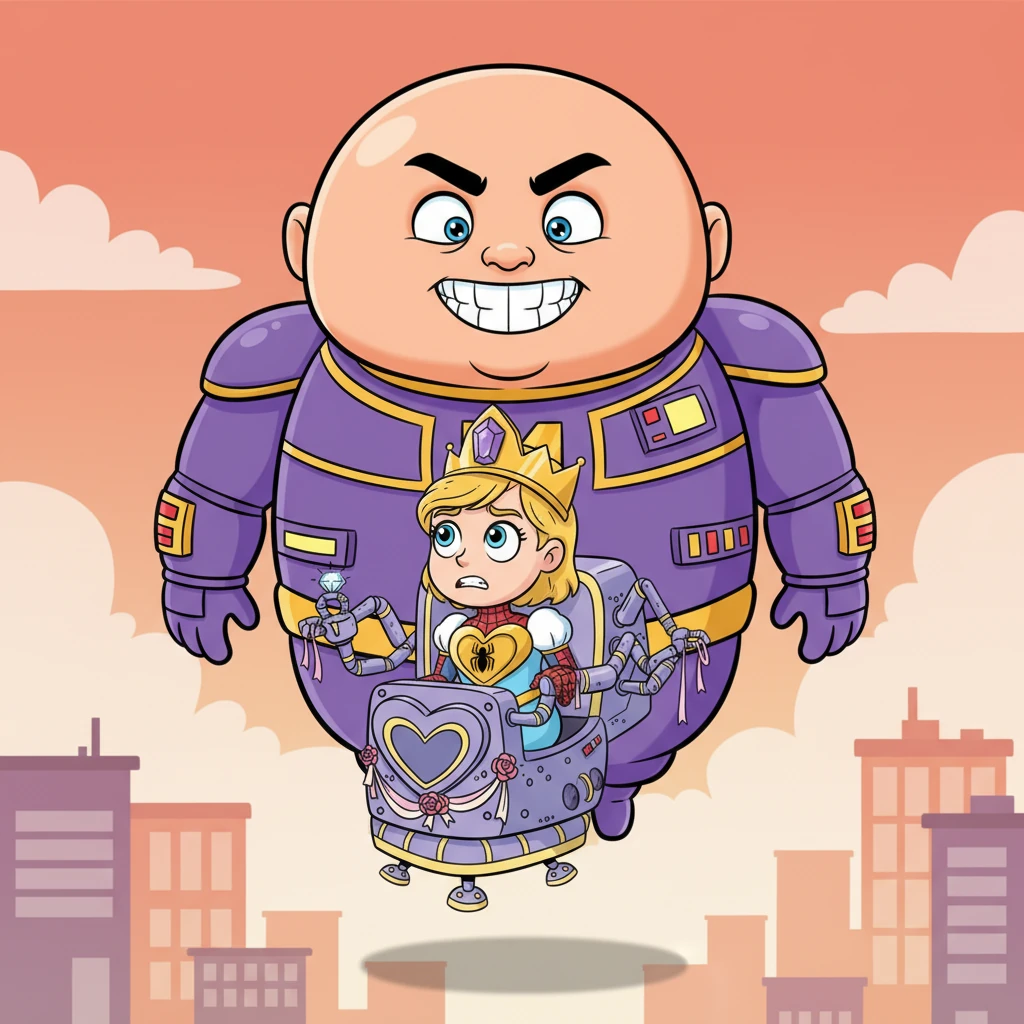 Petra, now in her spider-themed hoverchair, hovered nervously before MODOK. She looked up at his colossal, monstrous form, his own chest an even more immense, bulbous mass. A wave of revulsion washed over her as she took in his terrifying, grotesque appearance.