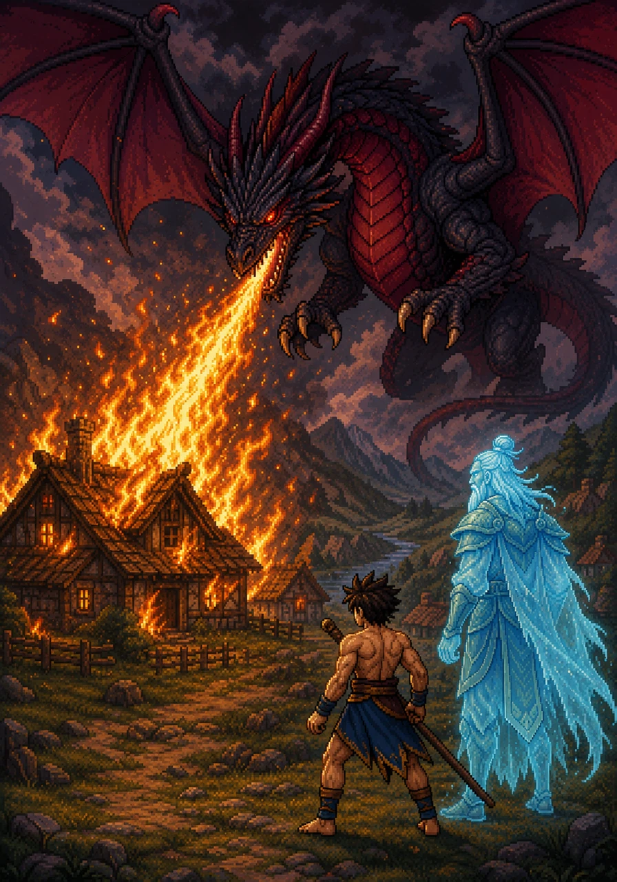 A massive, crimson dragon descends from the clouds, breathing a torrent of fire onto a peaceful village cottage. The house erupts in golden flames as the shadow of the beast looms over the valley.